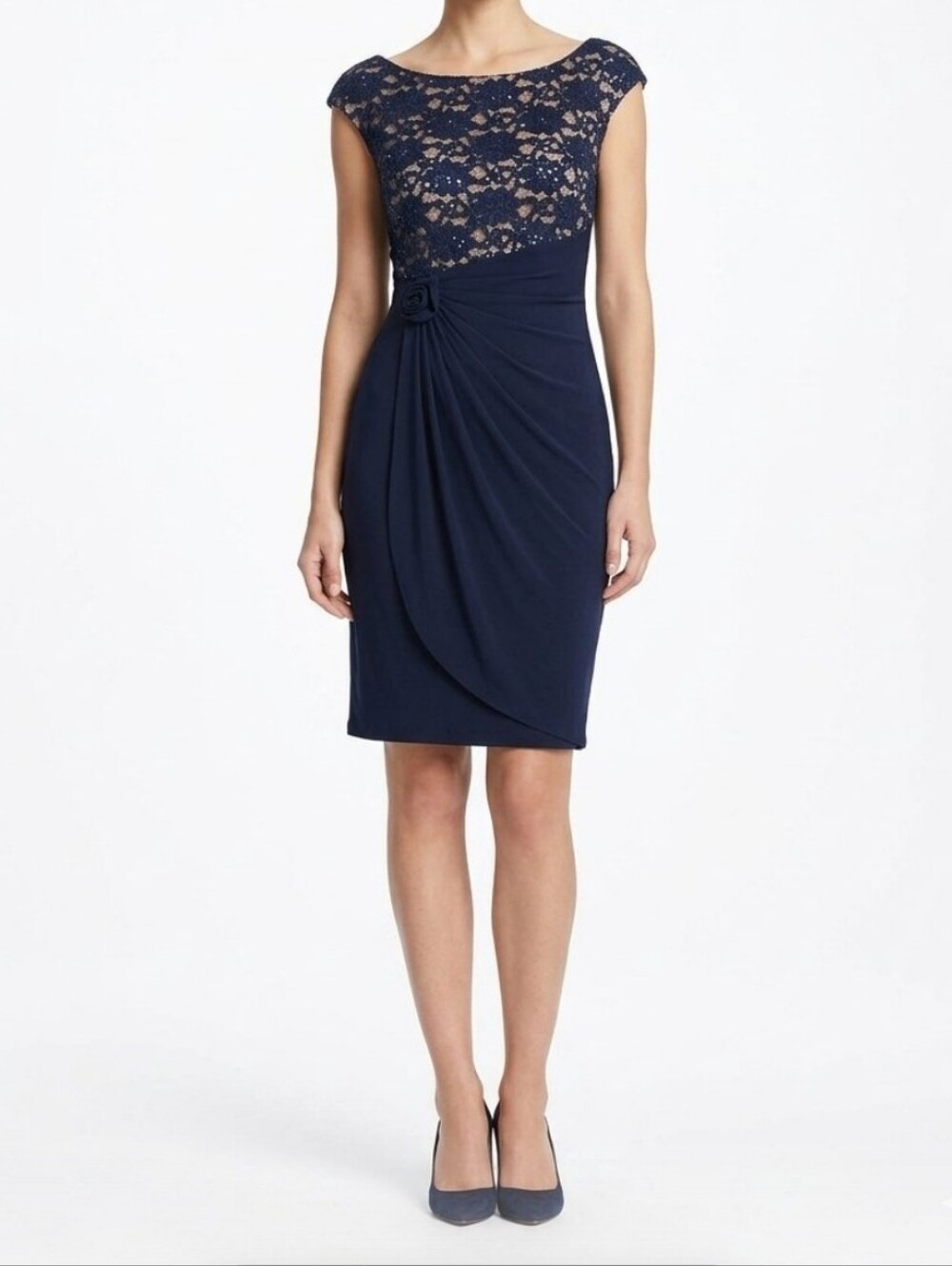Connected Apparel Women's Navy Blue Lace Rouched Dress Nylon Stretch Wrap Sz 6